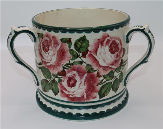 Large Wemyss ware loving cup, height 19.5cm, restorations(-)